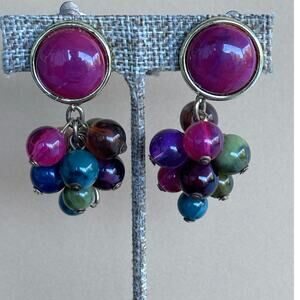 Vintage 80's Enamel & Jewel Tone Beaded Drop Dangle Earrings